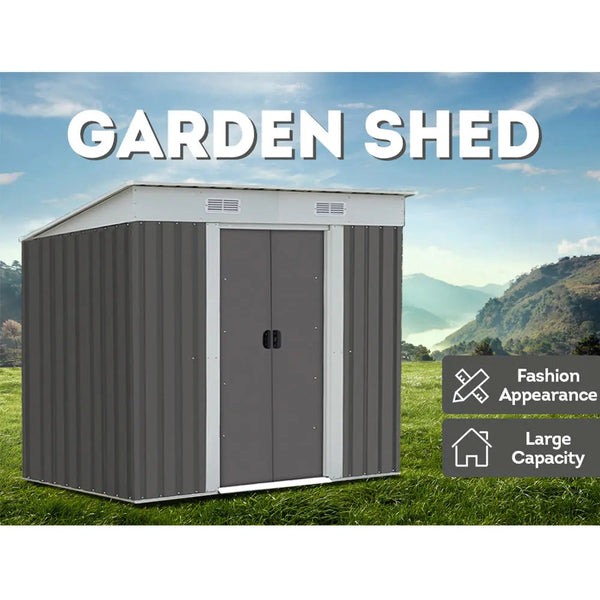 [10% OFF PRE-SALE] T&R SPORTS Extra Large Sloped Garden Shed Outdoor Storage Workshop House Shelter Metal Base Tool - Grey (Dispatch in 8 weeks) T&R Sports