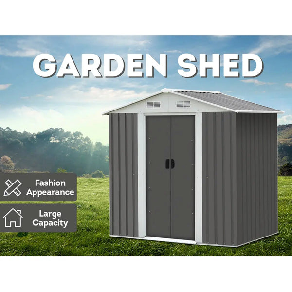 [5% OFF PRE-SALE] T&R SPORTS Large Gable Garden Shed Outdoor Storage Workshop House Shelter Metal Base Tool - Grey (Dispatch in 8 weeks) T&R Sports