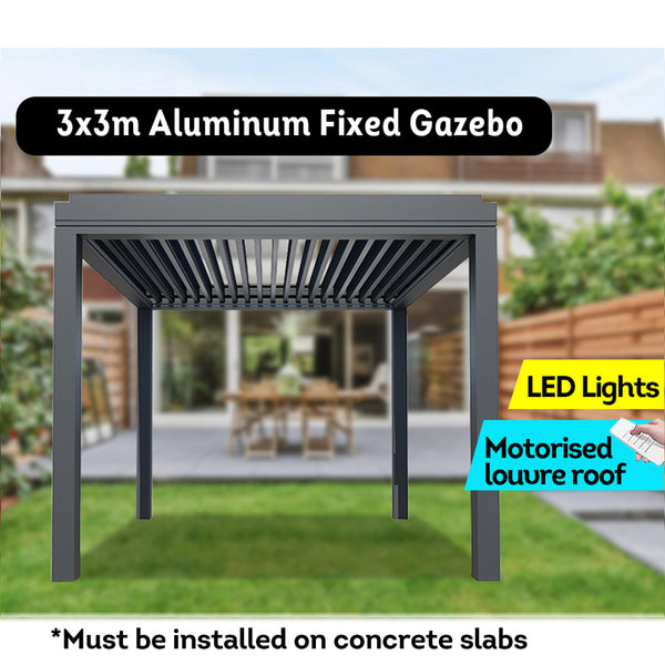 MASON TAYLOR 3x3m Motorised Louvre Roof Aluminum Fixed Gazebo LED Lights Backyard Pergola