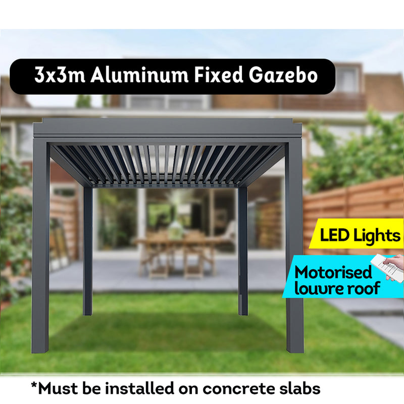 MASON TAYLOR 3x3m Motorised Louvre Roof Aluminum Fixed Gazebo LED Lights Backyard Pergola