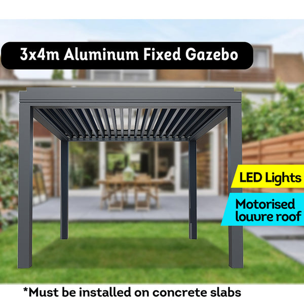 MASON TAYLOR 4x3m Motorised Louvre Roof Aluminum Fixed Gazebo LED Lights Backyard Pergola