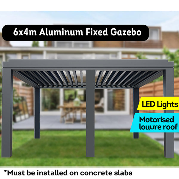 MASON TAYLOR 6x4m Motorised Louvre Roof Aluminum Fixed Gazebo LED Lights Backyard Pergola